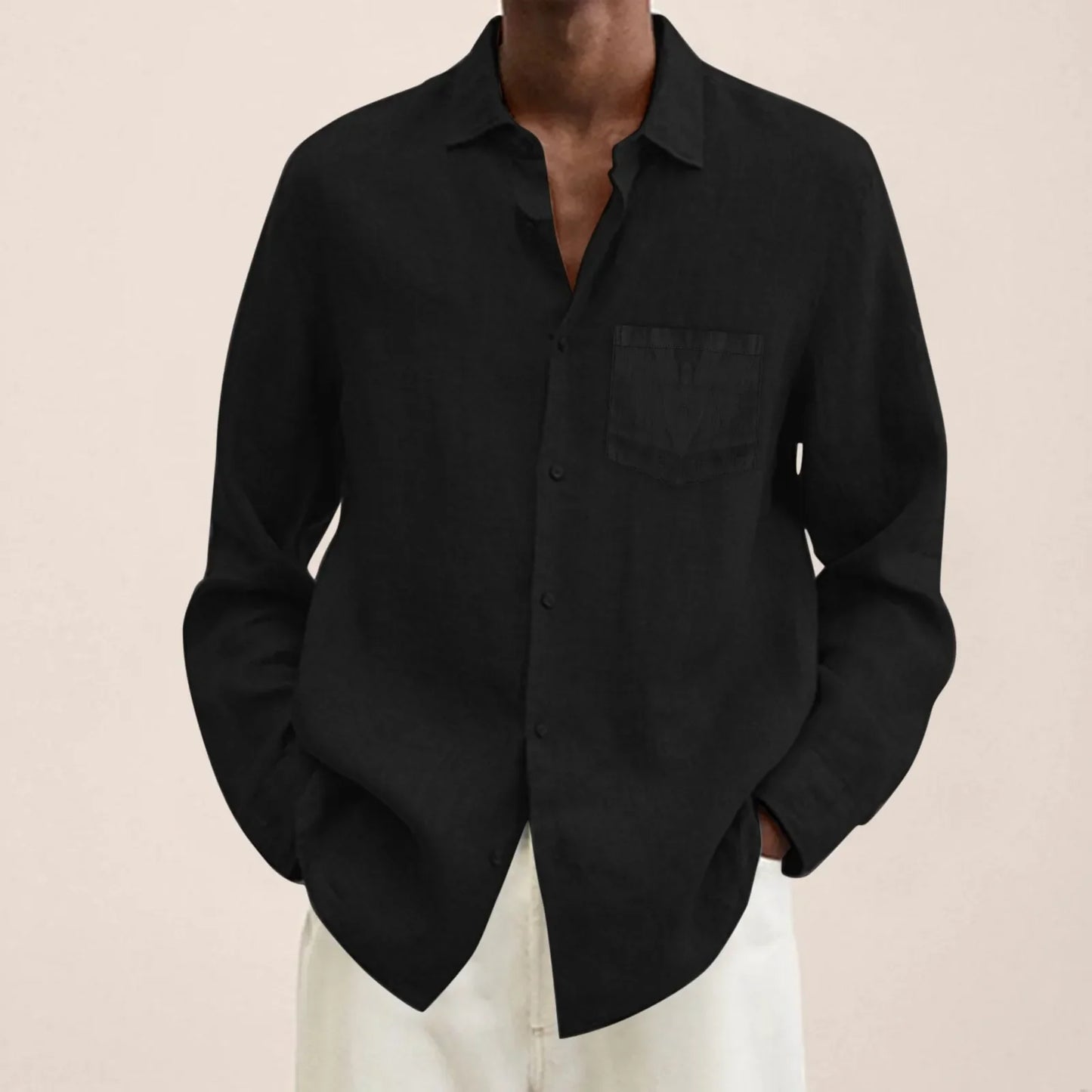 maoxiangshop Male Summer Cotton Linen Solid Casual Plus Size Loose Shirt Mens Turn Down Long Sleeve Shirt