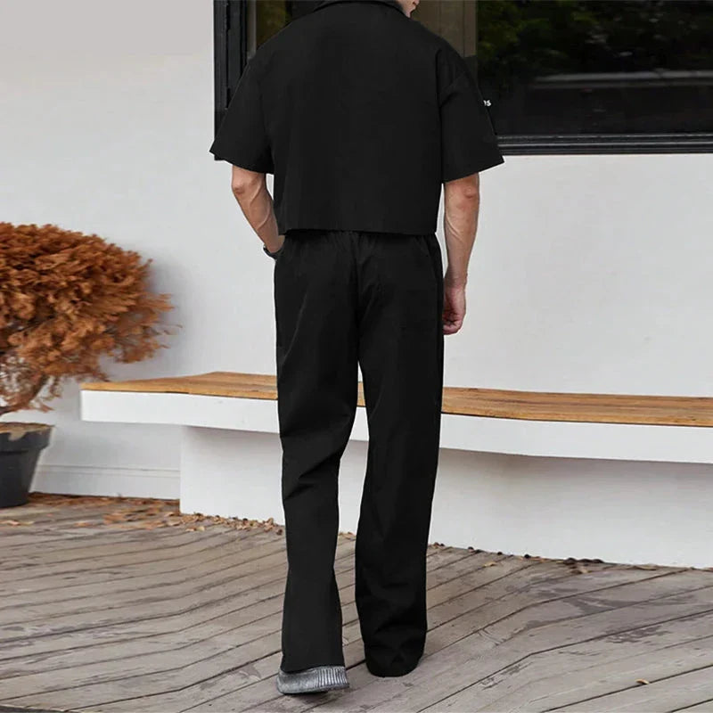 maoxiangshop 2024 Men Sets Solid Color Streetwear Lapel Short Sleeve Shirt & Pants Two Pieces Sets Fashion Men's Casual Suits S-5XL