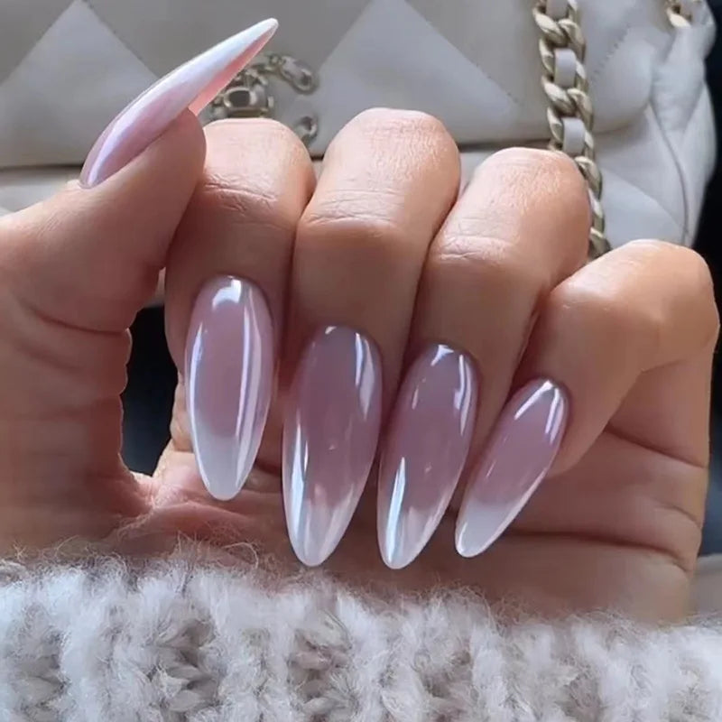 maoxiangshop 24Pcs Aurora French Finished Fake Fingernails Long Stiletto False Nails Almond Spike Head Press on Nails Manicure Nail Supplies
