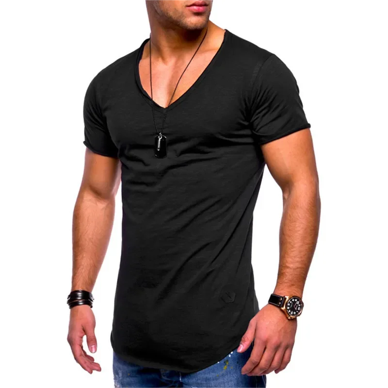 maoxiangshop 2024 Brand New Men's t shirts Short Sleeve V-Neck Solid Color Men T-Shirt Casual V Collar Man T-Shirt Tops Tees For Male
