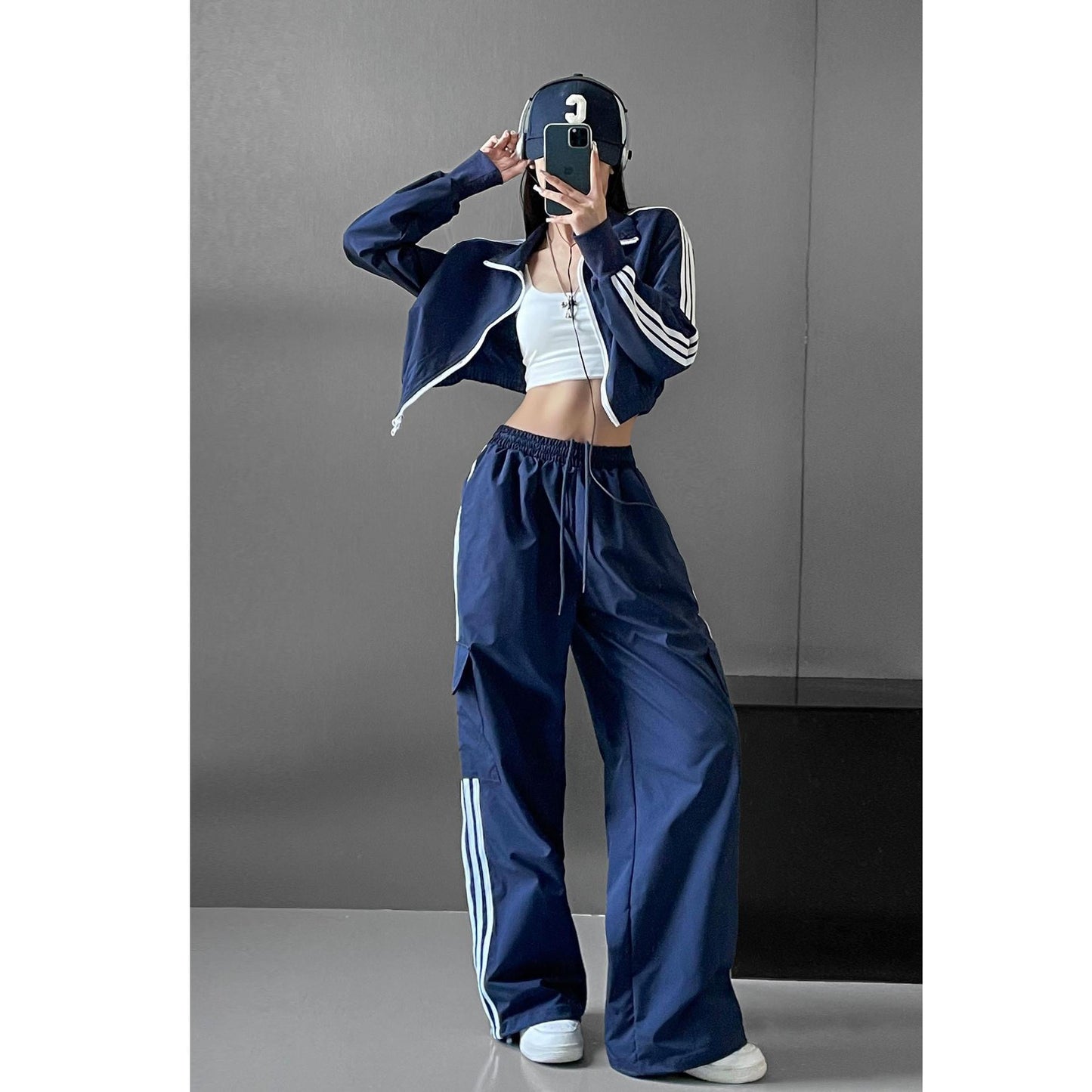 maoxiangshopHigh Waist Drawstring Cargo Pant Wide Leg Joggers Trousers Striped Harajuku Baggy Parachute Pants Sweatpants Women Clothes Y2k
