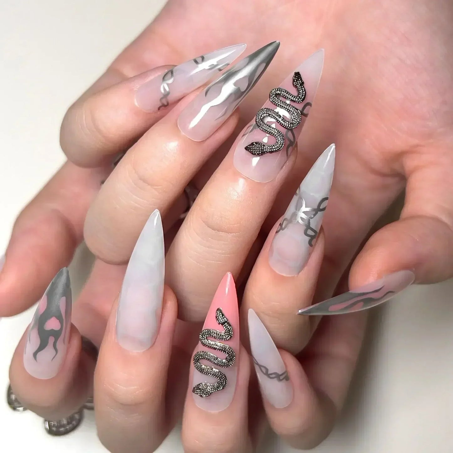 maoxiangshop 24Pcs False Nails With Glue Almond Pink Butterfly Design Detachable Rhinestones Acrylic Fake Nails long stiletto Press On Nails