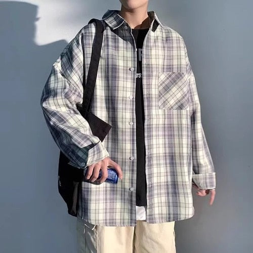 maoxiangshop Spring Autumn Casual Plaid Shirts Men Loose Turn Down Collar Long Sleeve Shirt for Man