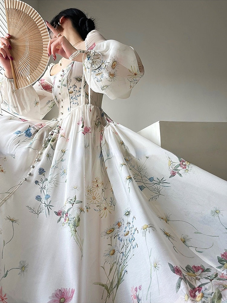 maoxiangshop French Elegant Floral Midi Dress Chiffon Long Sleeve Evening Party Dress Woman Beach Fairy One Piece Dress Korean Summer