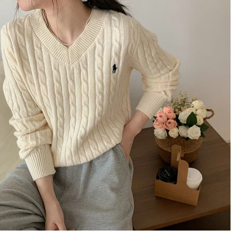 maoxiangshop-Women's Twist Pullover Knitted Sweater Solid Casual Jumper Fall Winter Vintage Embroidered V-Neck Long Sleeve Top