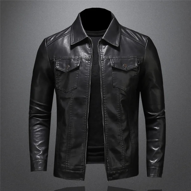 maoxiangshop Men Luxury Black Faux Leather Jackets Men Zipper PU Coat Turn Down Collar Multi-pocket Slim Fit Clothing Man Plus Size 5XL-M