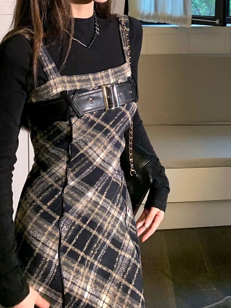 Autumn Elegant Plaid 2 Piece Dress Set Women Outwear Casual Black Blouse + Vintage Slim Strap Dress Korean Fashion Suit