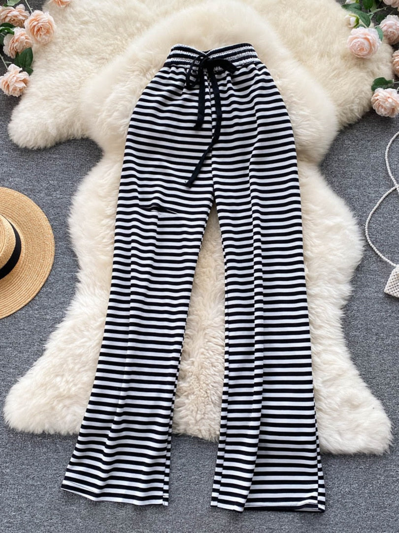 maoxiangshop White and Black Striped Long Pants Women New Retro Style Lace-up Elastic Waist Hole Wide Leg Casual Full Length Trousers
