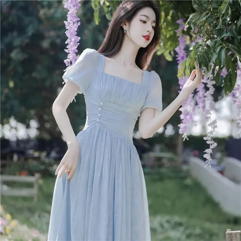 maoxiangshop Blue Fairycore Dress Women Sweet Thin Defined Midi Romantic Summer Chic French Style Square Collar Gentle New Arrival OOTD