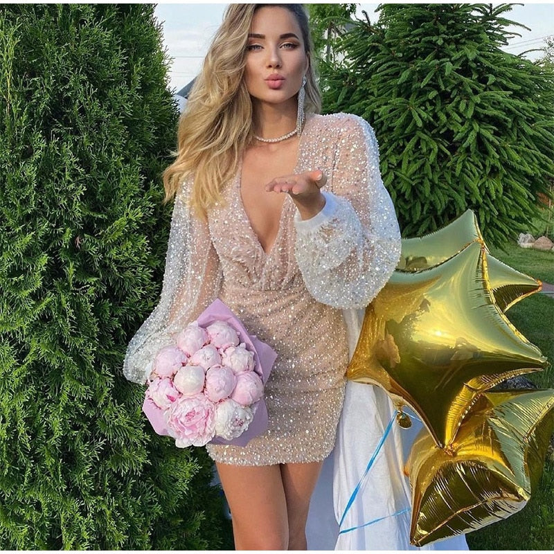 maoxiangshop Sexy Sequins Women Party Mini Dress V-Neck Lantern Long Sleeve Female Night Club Evening Dresses Bodycon Short Dress Summer