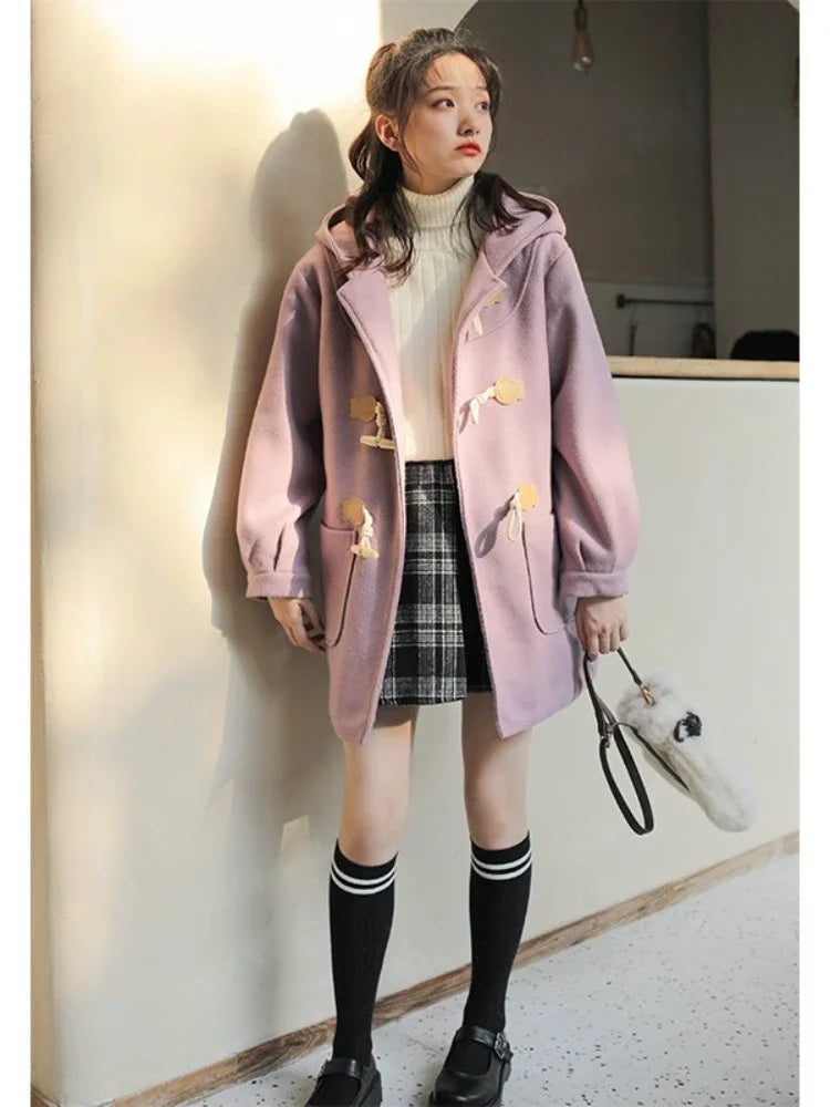 Purple Solid Warm Wool Blends Long Hooded Coat Straight Women Horn Button Casual Female Warmness Outwear