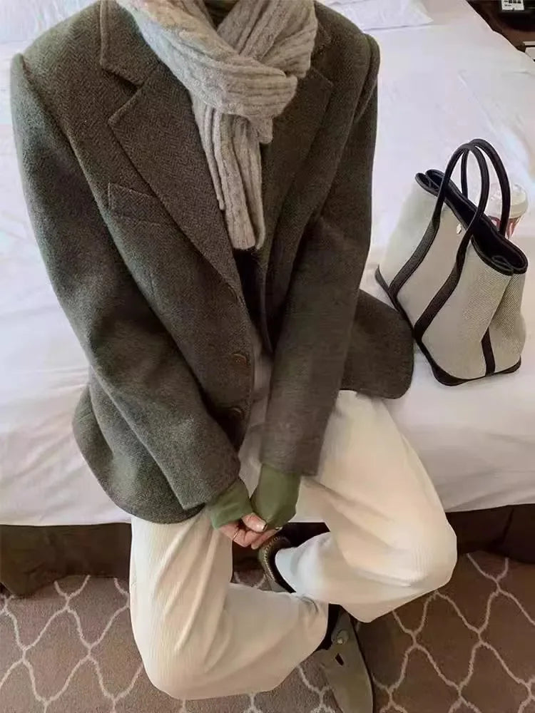 maoxiangshop - Retro Herringbone Patterned Suit Jacket For Women's Autumn And Winter New Style, High-Quality Loose Wool Jacket