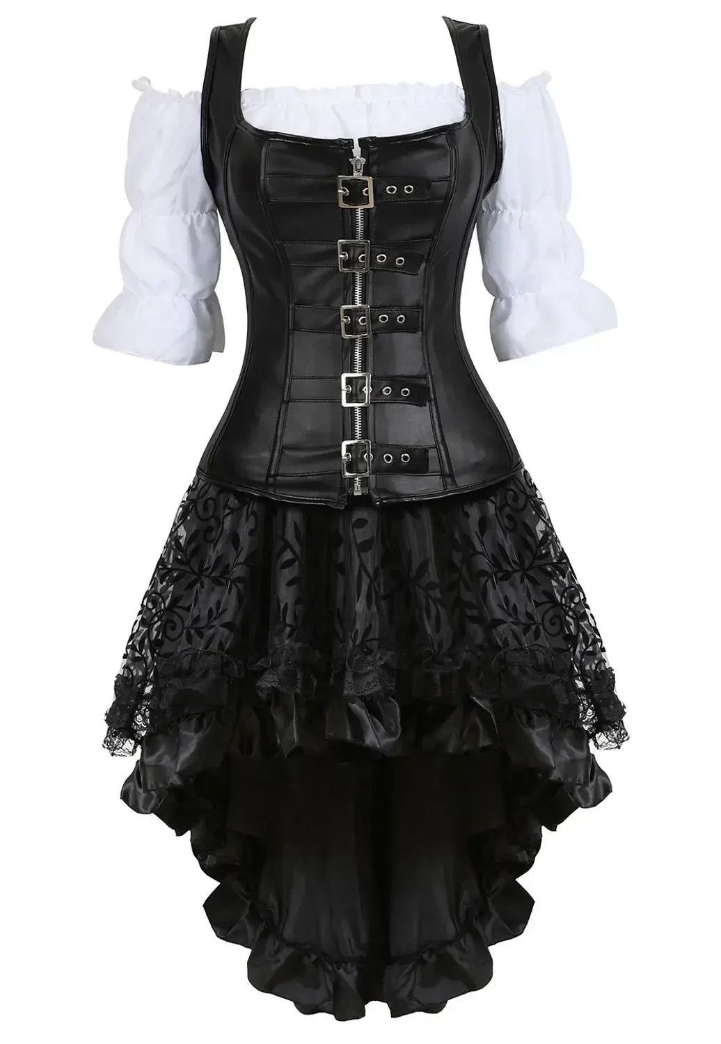 maoxiangshop - Leather Pirate Corset Steampunk Vintage Corsets Zip Bustier Sexy Skirt White Blouse Set Gothic Carnival Costumes