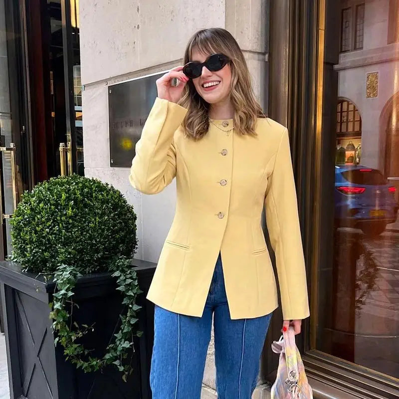 maoxiangshop - Solid O Neck Women Coats Long Sleeve Straight Female Jackets 2024 Fashion Autumn Elegant Office Pockets Single Breasted Lady Top