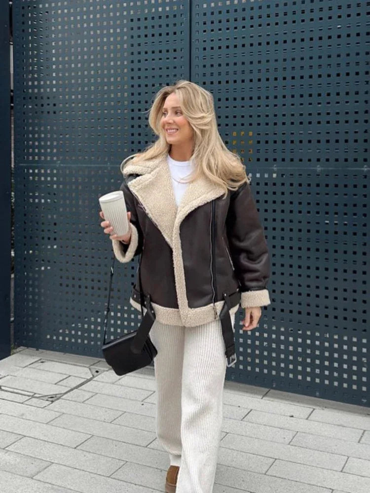 Fashion Faux Fur Jacket with Zipper Women Long Sleeve Double-sided Jackets Warm Coat Female Casual Lapel cold coat