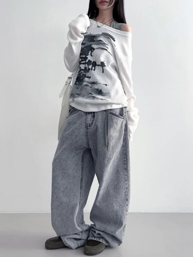 maoxiangshop - Autumn Harajuku Women Printing Tees Vintage Streetwear Grunge Skew Collar Tops Y2k Aesthetic Loose Casual Hiphop Vintage Tops
