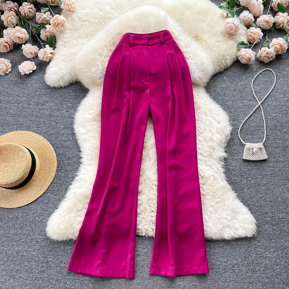 maoxiangshop Korean Fashion Women Flare Pants Solid High Waist Pleated Front Full Lengh Trousers Summer Casual Female Long Pants