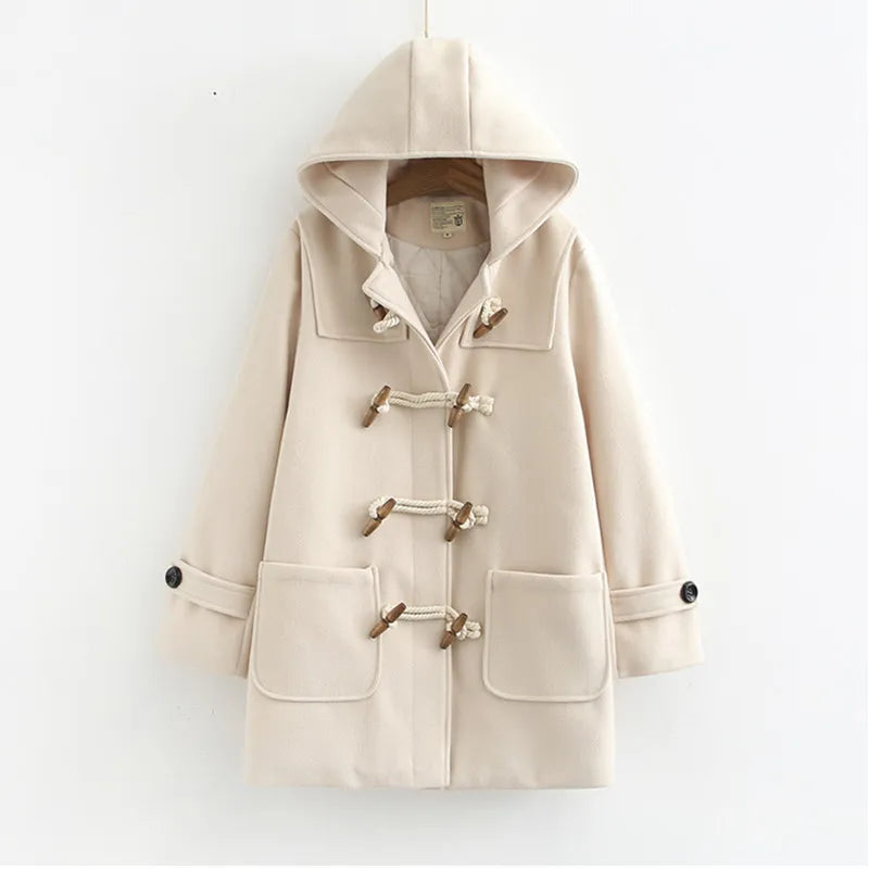 maoxiangshop Double Row Horn Buckle Coat Hooded Women Autumn Clothing Winter Casual Solid Thicken Button Jacket College Style