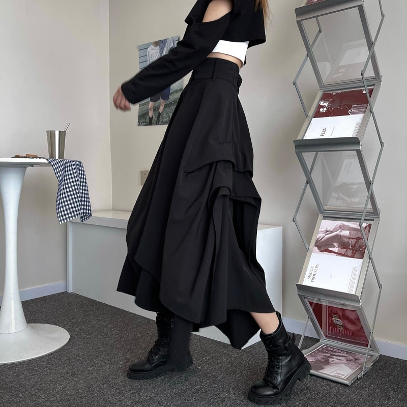 maoxiangshop Casual Vintage Victorian Skirt Women Black High Street Korean Gothic Y2k Skirt Female Long Chic Irregular Fashion Party Clothes
