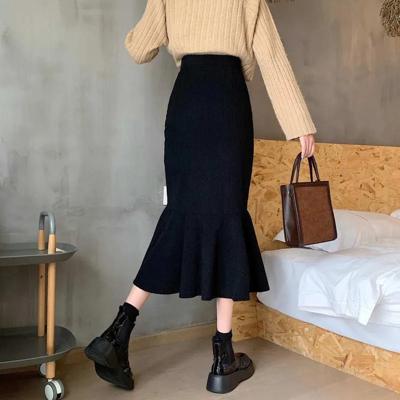 maoxiangshop Fashion High Waist Midi Skirts for Women Spring Slim Fit Hip Mermaid Skirt Woman Korean Ruffles Brown Skirts 2XL