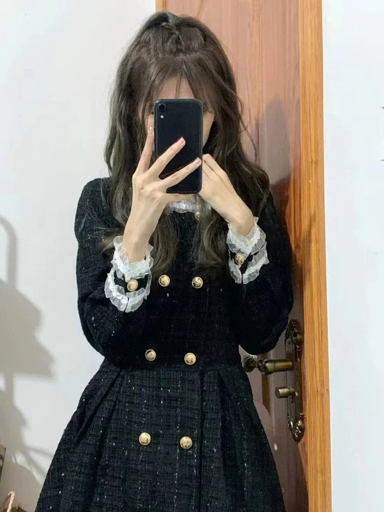 maoxiangshop Autumn black Vintage Dress Women French Style Patchwork Lace Elegant Mini Dress Female Long Sleeve Chic Casual Party Dress