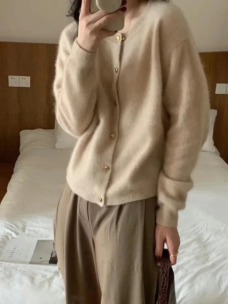 Autumn and Winter New Cashmere Crewneck Sweater Women's Coat Loose Long Sleeve Knitted Cardigan Top Women