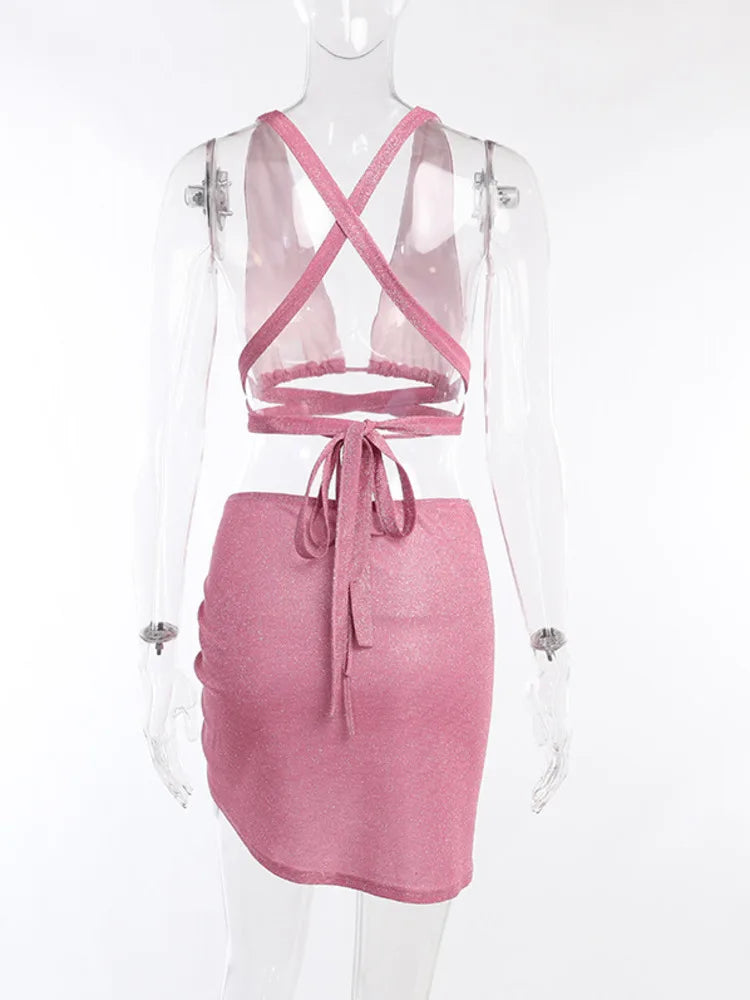 Summer Corss Bandage Low Cut Top And Skirts Two Piece Sets Women 2022 Glitter Sexy Club Outfits Female Pink Clothing 2 Pieces