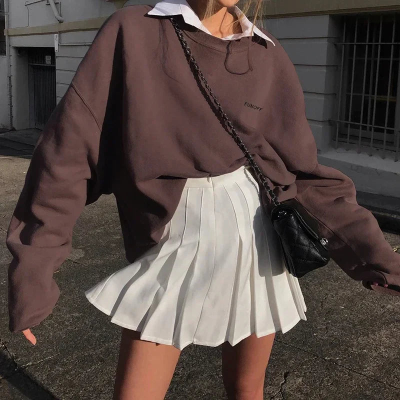 maoxiangshop - New Fall Trend Casual Long Sleeve Pullover Top Embroidered Oversized Brown Y2k Sweatshirt Ladies Winter Fashion Clothing