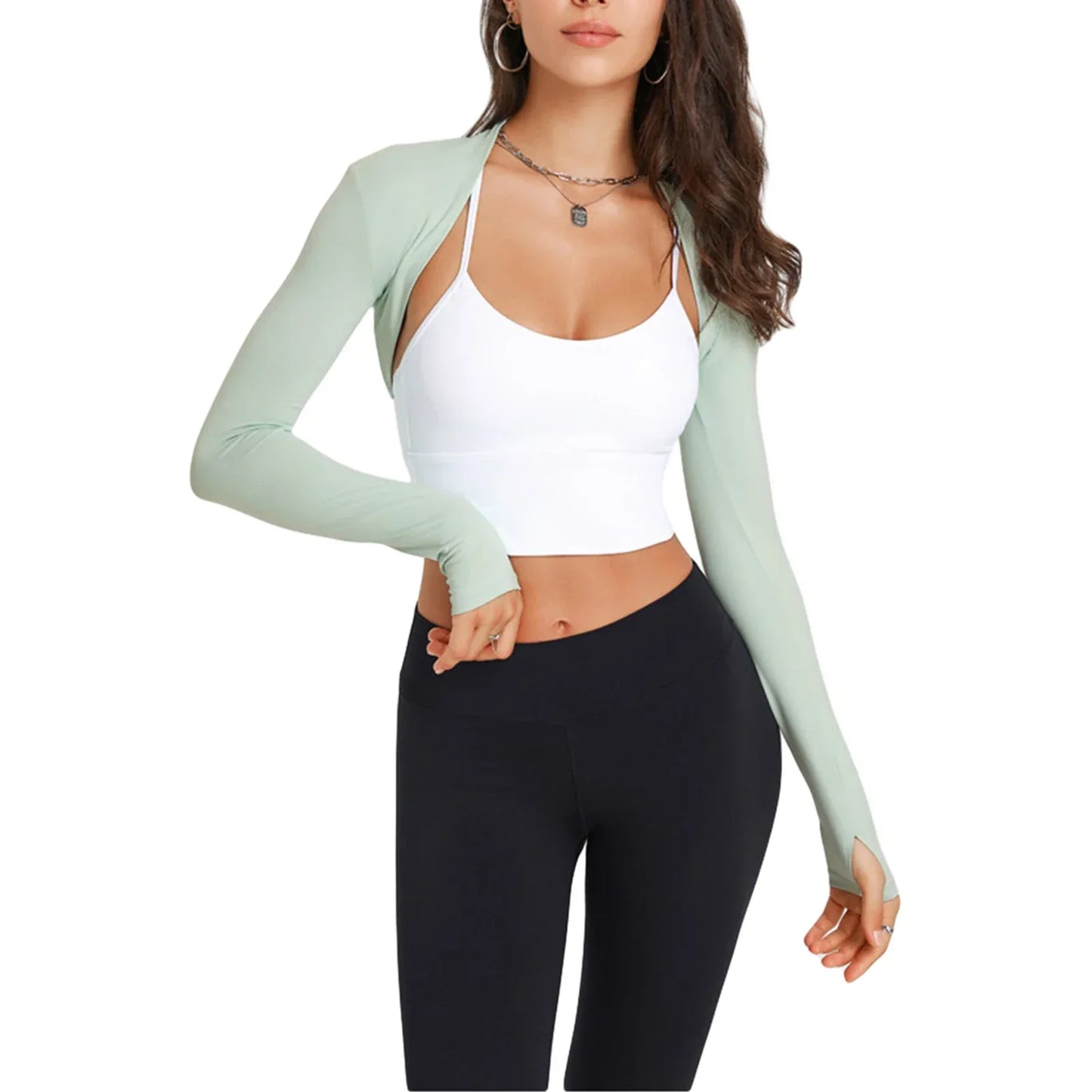 maoxiangshop-Women Long Sleeve Bolero Shrug Yoga Open Front Cropped Cardigan Sleeves to Cover Arms Workout Tops for Exercise Sports Gym Y2k