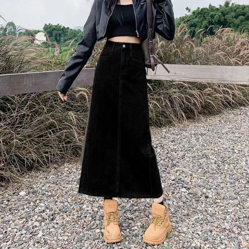 Lucyever Split Denim Skirt for Women 2024 Spring Summer New Y2K High Waist Long Skirt Female Vintage Blue A-Line Jean Skirts