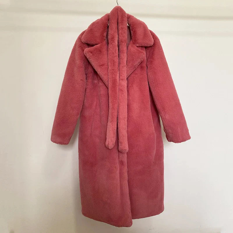 maoxiangshop - Luxury Winter Long Overcoats Women Oversized Lapel Belted Faux Rabbit Fur Coat Jacket Female Plus Size Outerwear Plush Fur Coats