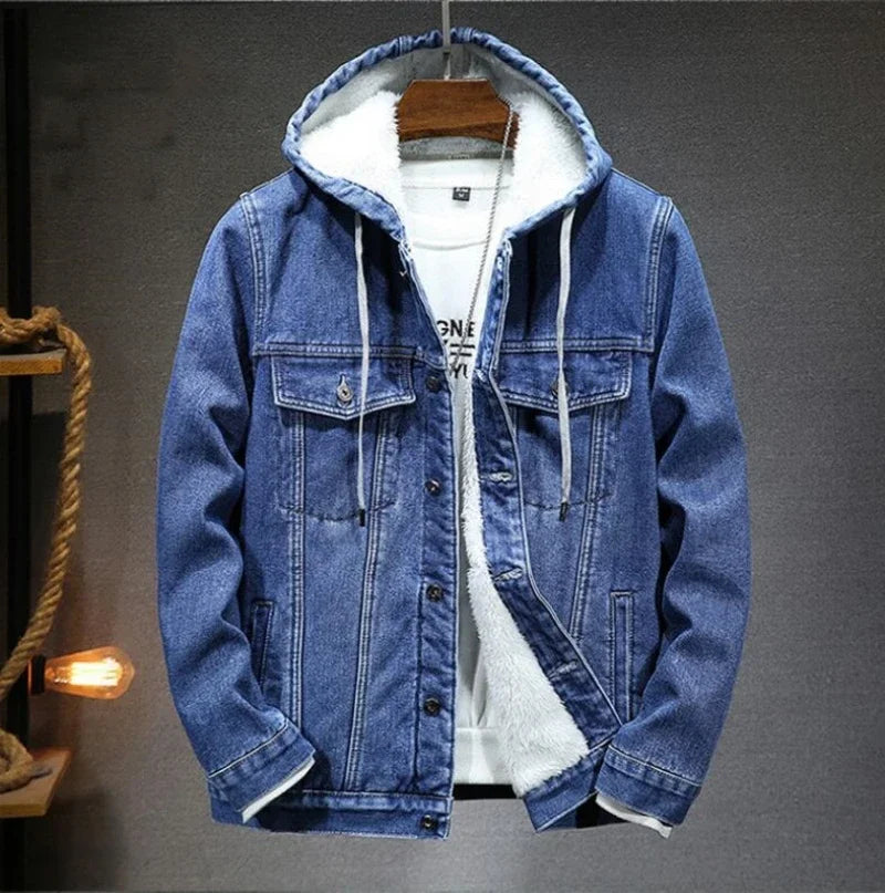 maoxiangshop New Thicker And Warmer Men's Hooded Denim Jacket Winter Lambswool Hooded And Padded Denim Jacket Size