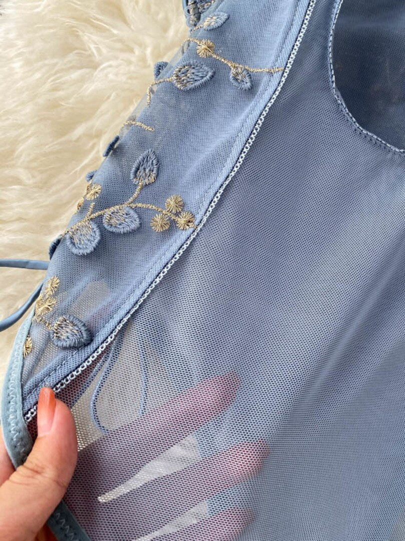maoxiangshop Sexy See Through Mesh Patchwork Flowers Embroidery Bodysuit Women Adjustable Spaghetti Strap Padded Lace Up Bandage Body Suits