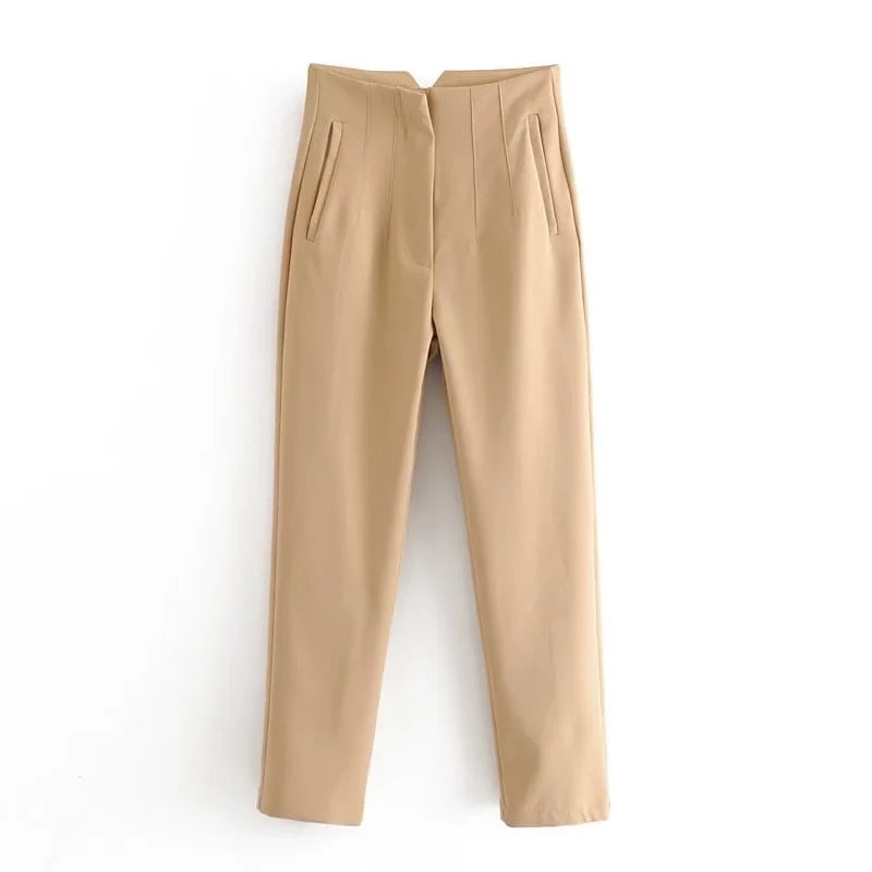maoxiangshopWomen Light Blue Chic Fashion Office Wear Straight Pants Vintage High Waist Zipper Fly Female Trousers Fashion