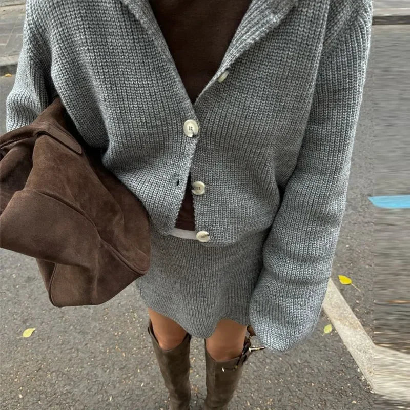 maoxiangshop - Knitted Skirts 2 Piece Set Women Fashion Lapel Flare Button Knitted Cardigan Top Mini Skirt 2024 Autumn Lady All-matching Outfit