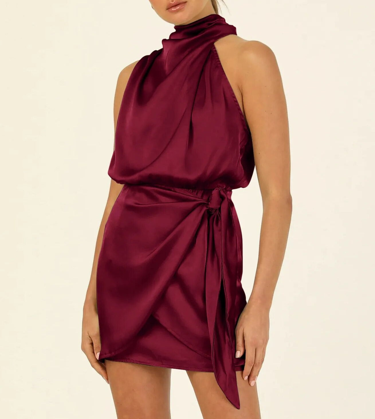 maoxiangshop Satin Dress for Party Women Draped Sexy Dress Mini Green Dress Casual Dress Celebrity Evening Club