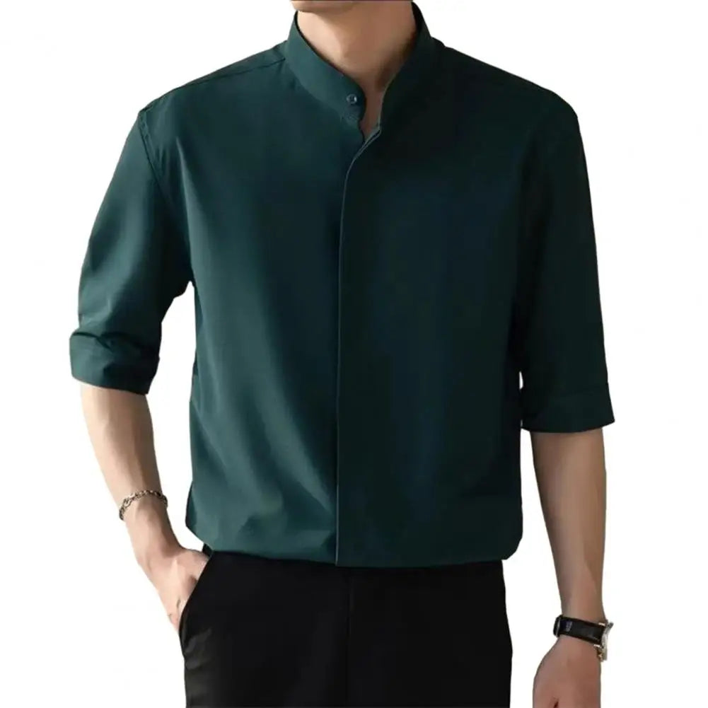 maoxiangshop Slim Fit Stand Collar Shirt Men Solid Color Shirt Stylish Stand Collar Men's Shirt for Business Commute Office Slim Fit Half