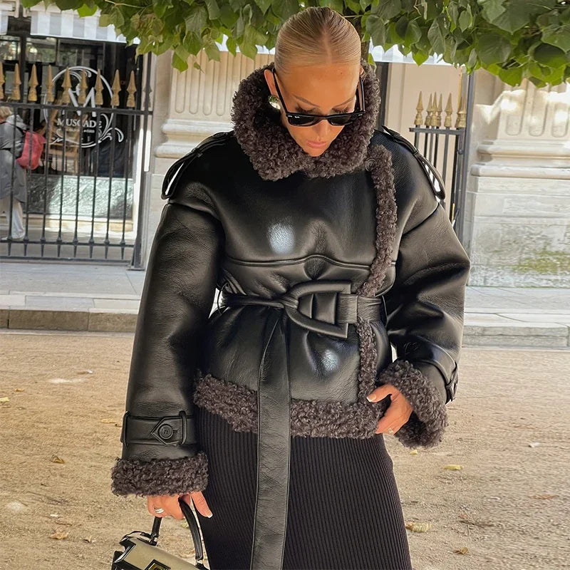 maoxiangshop - Leather Lamb Wool Patchwork Women Jacket Lace Up Stand Collar Solid Women Short Coat 2024 Thicken Autumn Winter Women Overcoat
