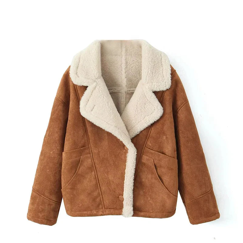 maoxiangshop - Fashion Oversize Loose Lamb Jacket For Women 2024 Winter Long Sleeve Button Fleece Coats Female Hip Hop Street Fluffy Outerwear