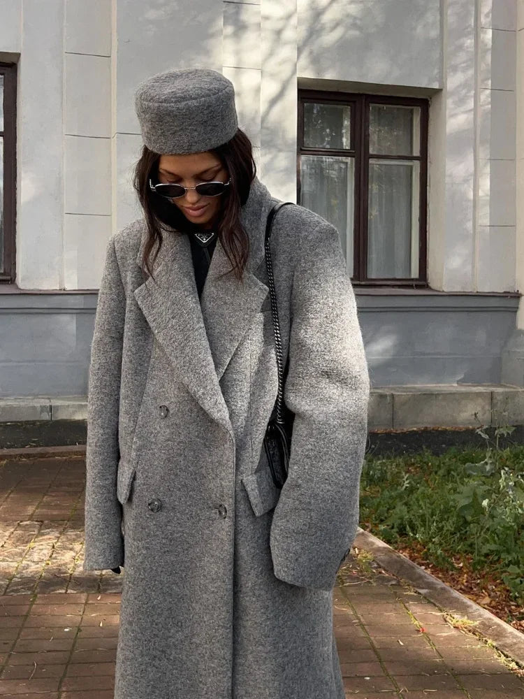 maoxiangshop - Fashion Grey Lapel Long Woolen Coats Women Double-breasted Pockets Long Sleeves Overcoat 2024 Autumn Lady Street Outerwear