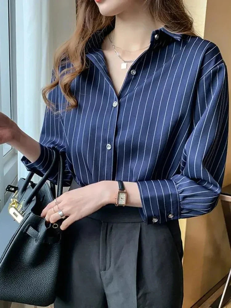 maoxiangshop Classic Striped Shirts Women Spring Autumn Polo-neck Single-breasted Long Sleeve Cardigan Blouse Fashion Office Shirt Top Women