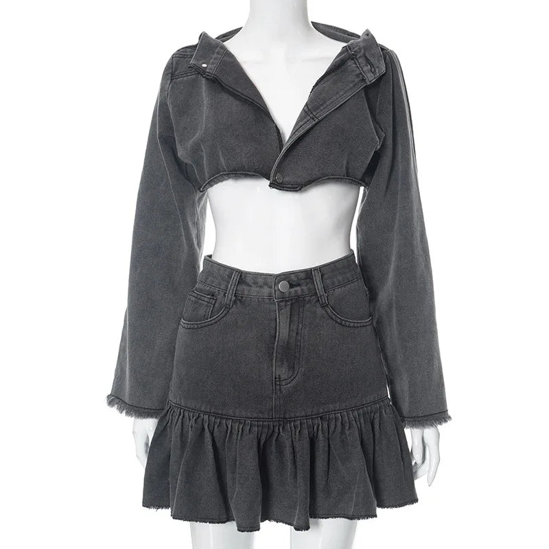 maoxiangshop - High Wiast Mini Dress Suits For Women Denim Slim Short Crop Tops And Folds Skirt Two Piece Set Womens Outfits Autumn