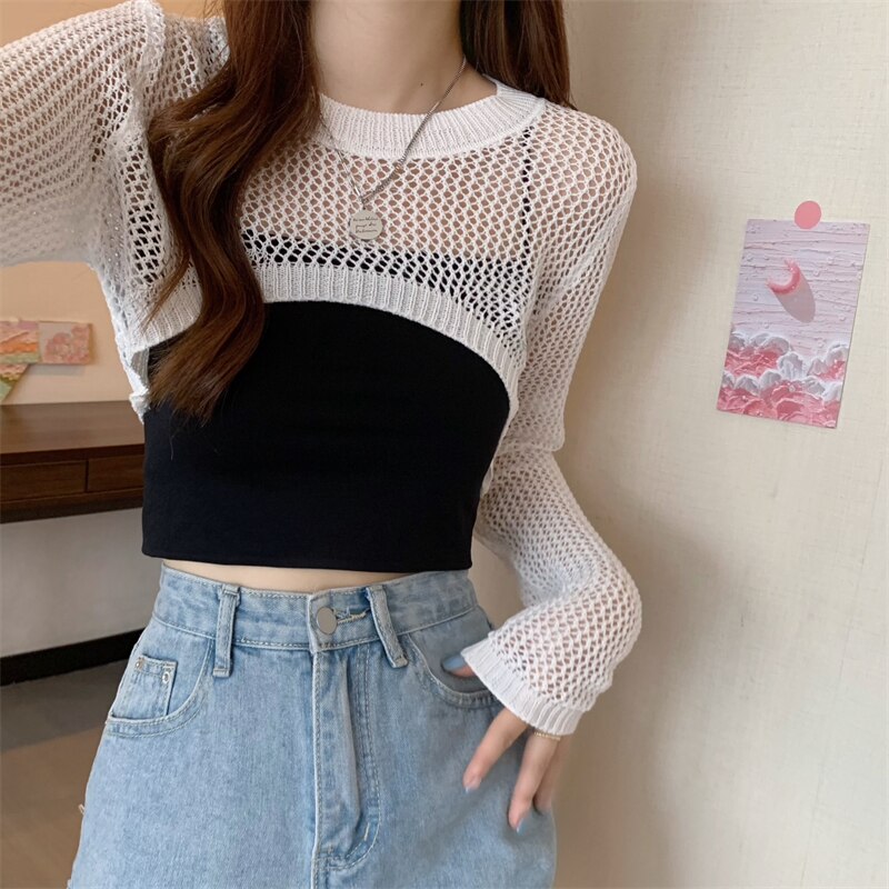 maoxiangshop New Women Solid Sweater O-Neck Cropped Sweater Pullover Crop Top Female Short Sleeve Hollow Out Super Cropped Sweaters Shirts