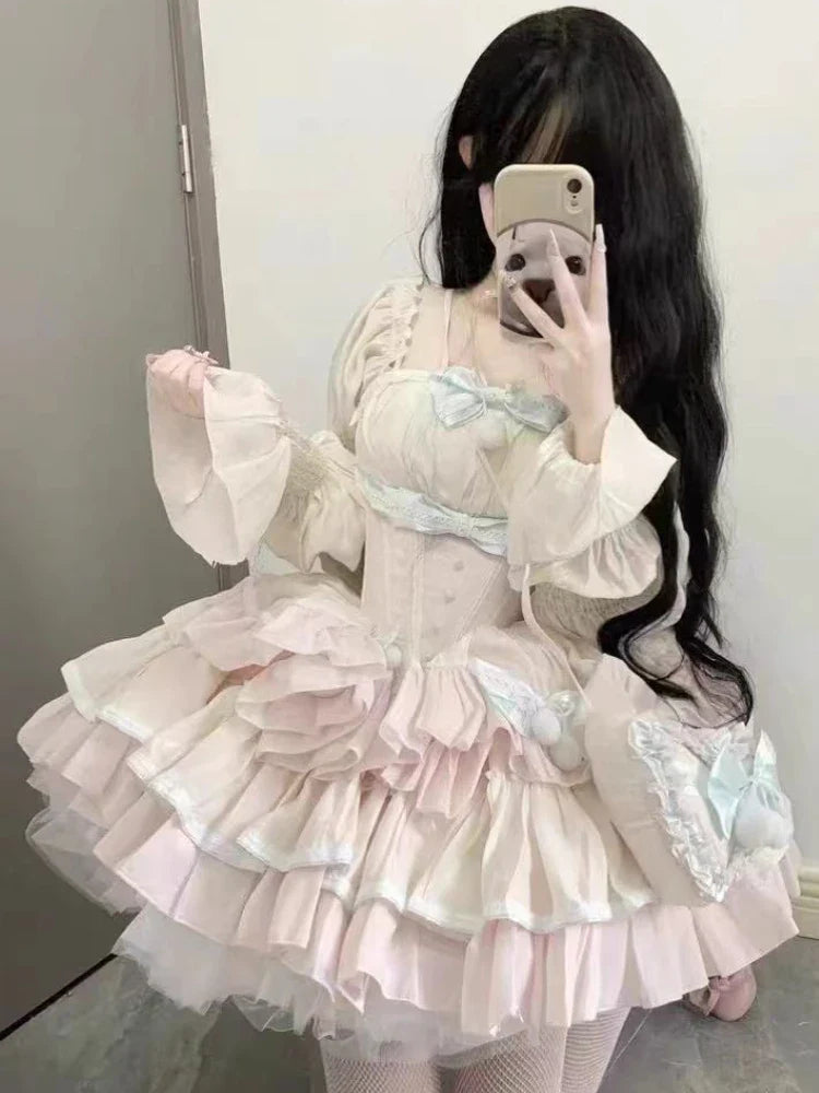 maoxiangshop - Autumn Lolita Kawaii Bow Dress Women Japanese Sweet Princess Dress Female Korean Fashion Print Cute Party Mini Dress 2024 New