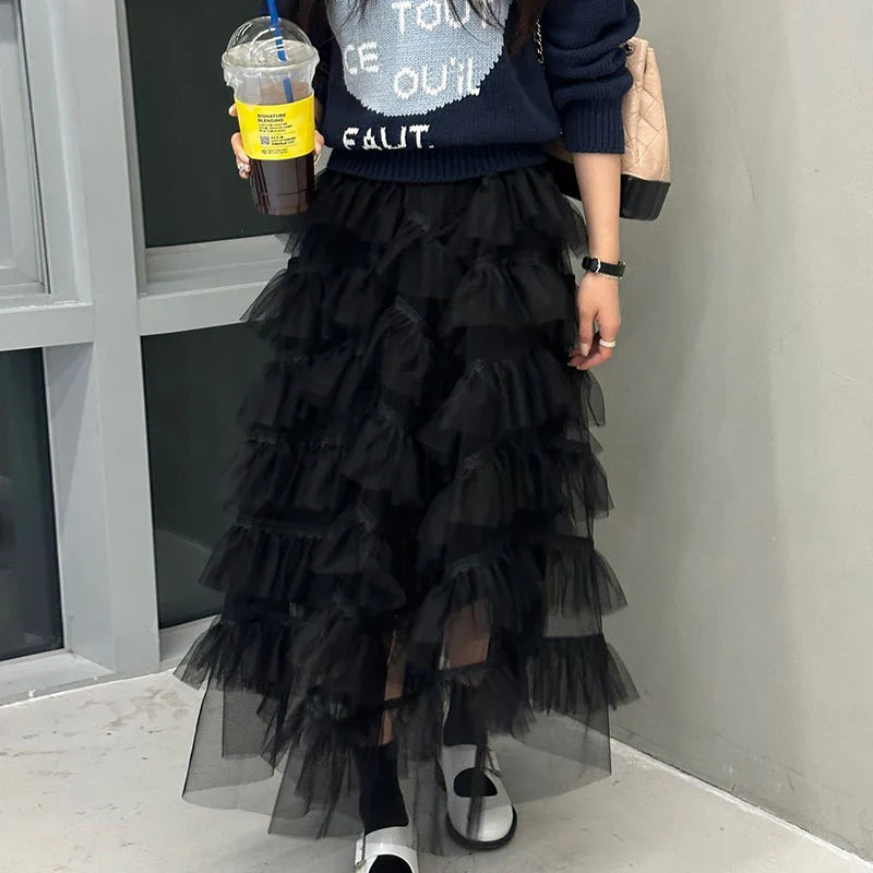 maoxiangshop - Maxi Long Tulle White Skirts for Women Gothic Patchwork Ruffles Skirt Casual Party Fairycore Summer Jupe Longue Falda Mujer