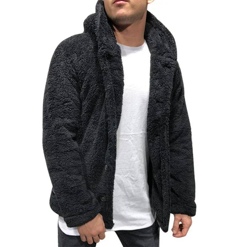 maoxiangshop Men's Teddy Bear Fleece Coat Cardigan Winter Warm Hooded Coat Fashion Solid Color Long Sleeve Pocket Button Hooded Warm Coat