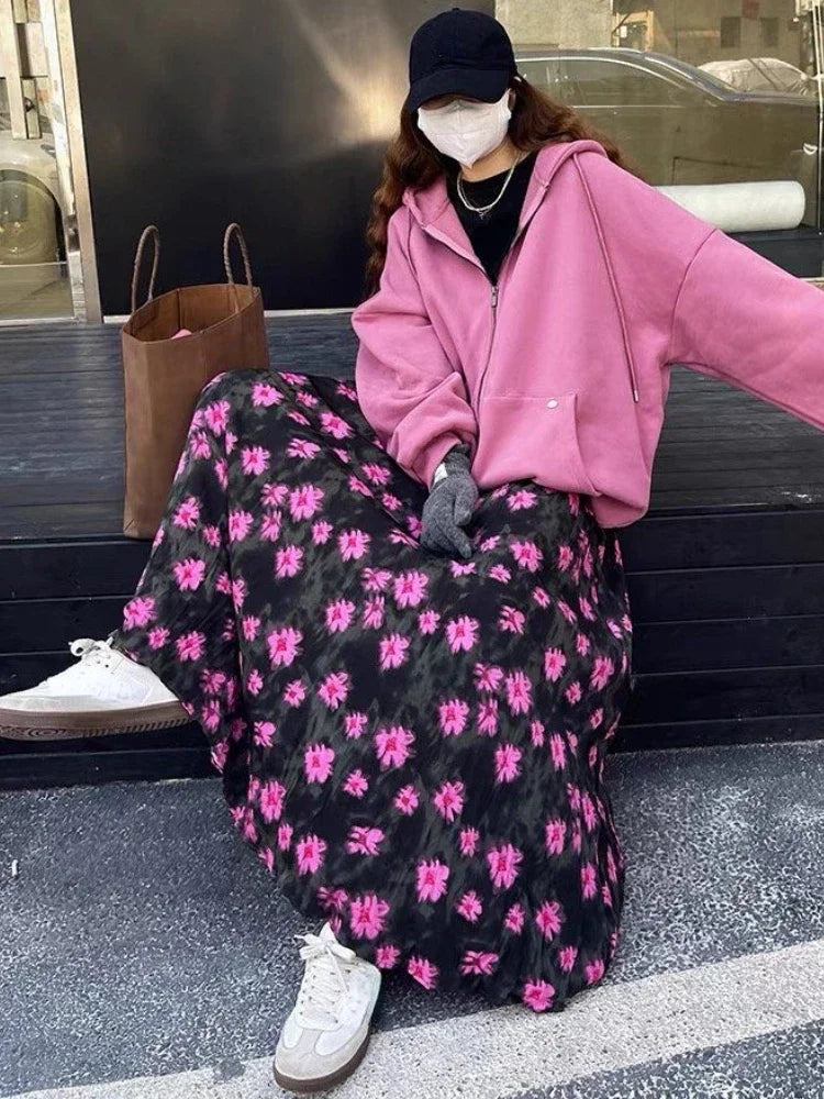 maoxiangshop Vintage Skirts for Women Flower Contrast Color High Waist Design Aesthetics Skirt Casual Loose All Match Clothing 2024
