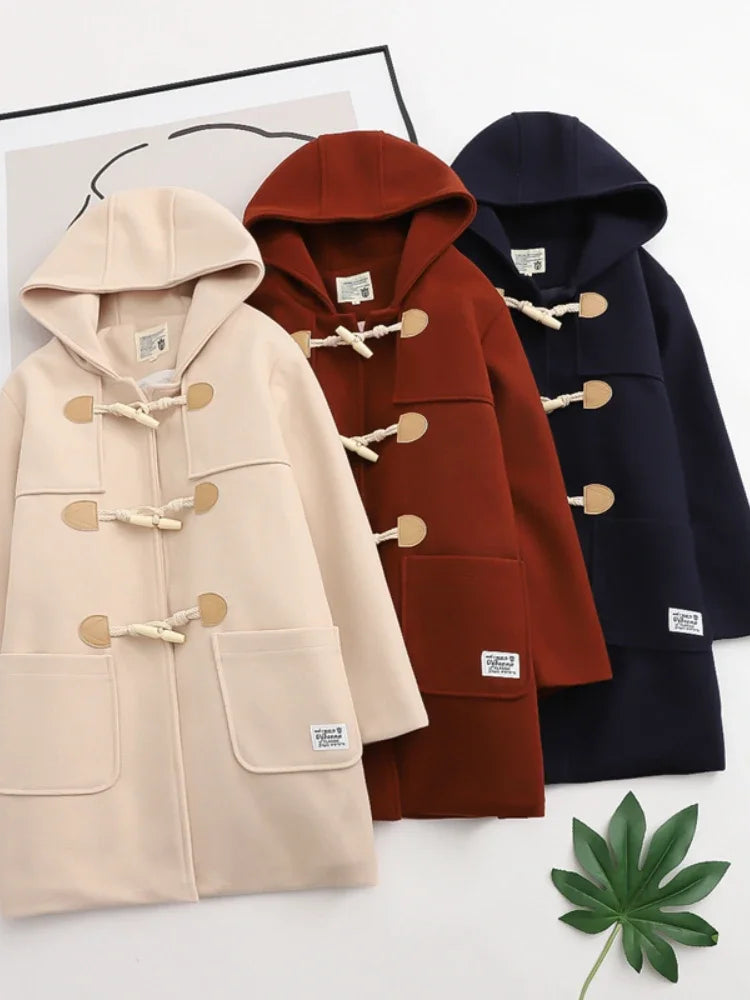 Winter Women Wool Blends Coat Straight Long Hooded Coats Jacket Horn Button Sleeve Preppy Style Female Warmness Outwears