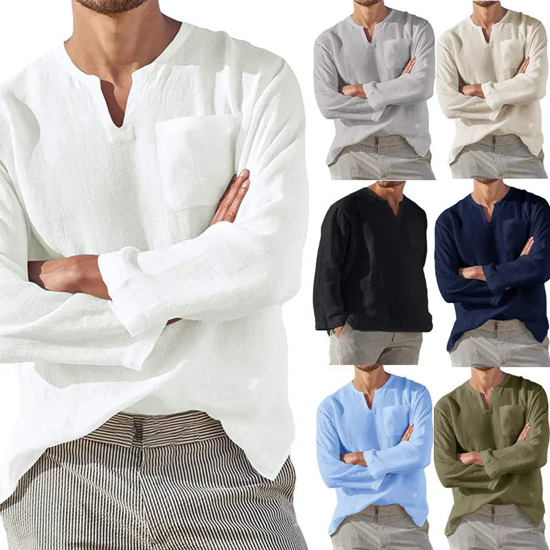maoxiangshop Linen Shirt Men Brief Breathable Solid Color Long Sleeve Harajuku Casual Blouse Hawaiian Shirt Oversize Tops S-5XL