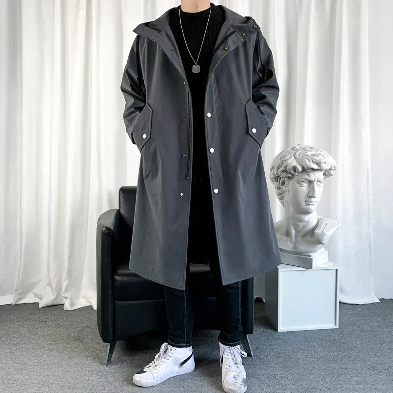maoxiangshop New Autumn Men's Jacket Trench Coats Pie Over Solid Color Hooded Men's Fashion Handsome Leisure Long Jacket Trench Coats